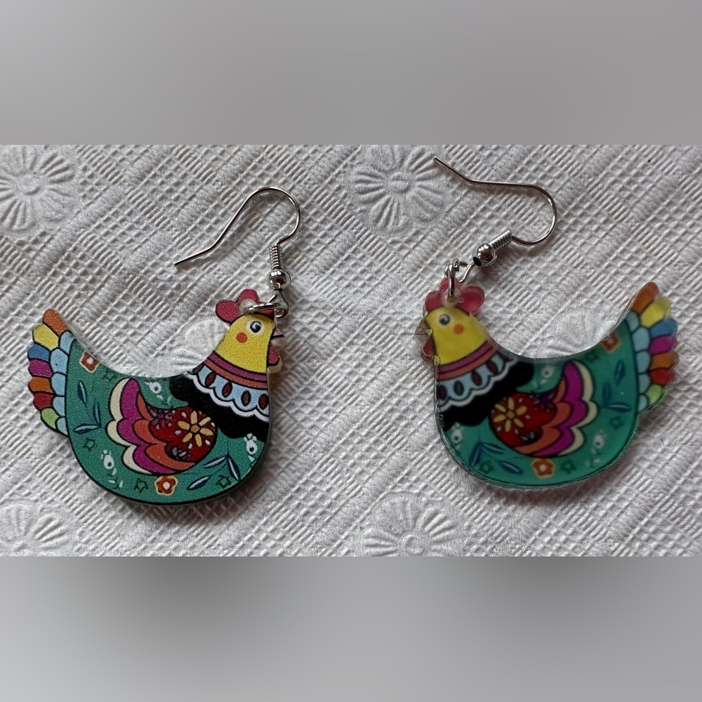 Colorful Whimsical Cartoon Hen Green Yellow Black Red Floral Chicken Earrings